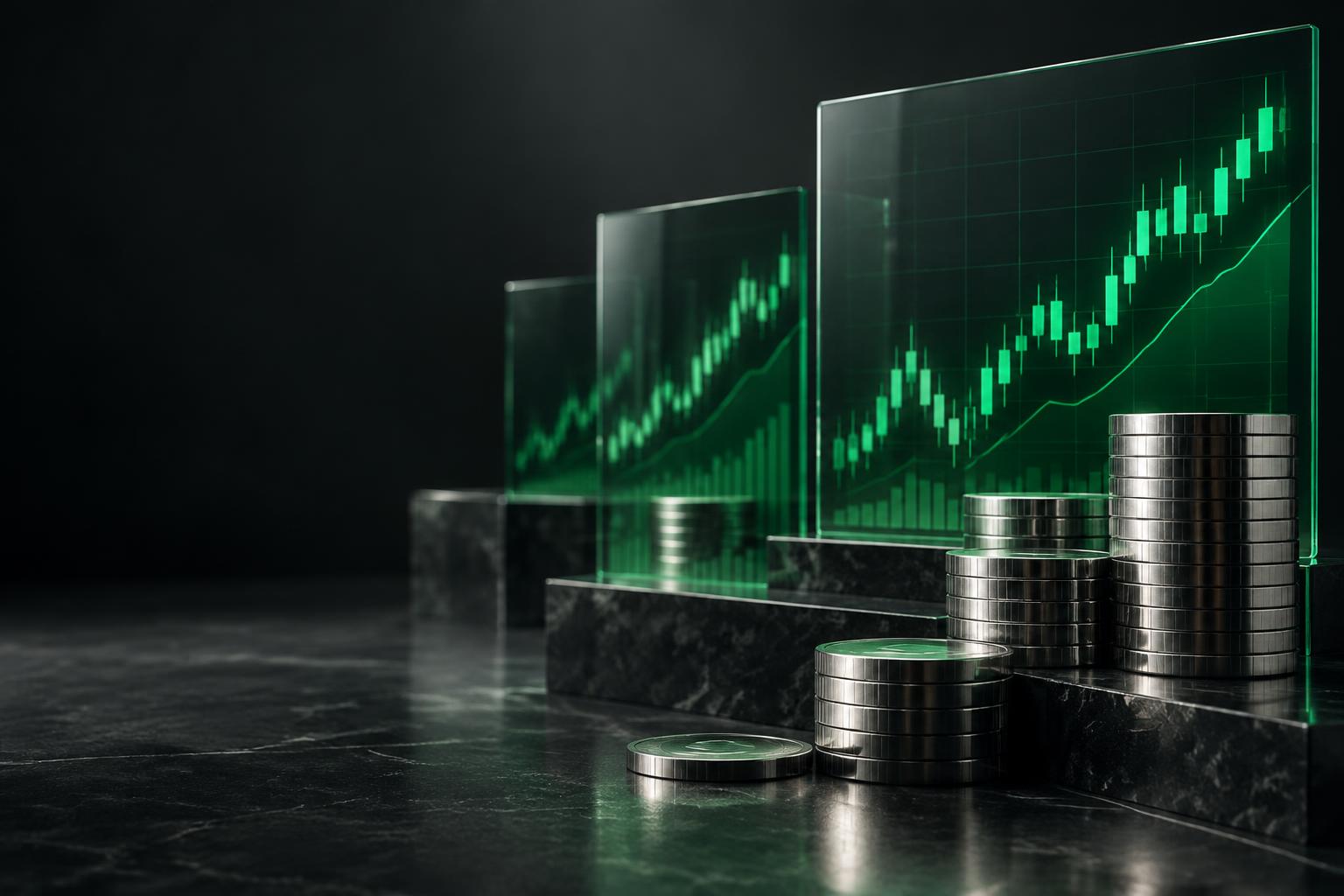 Emerald market charts in glass panels with metallic financial assets
